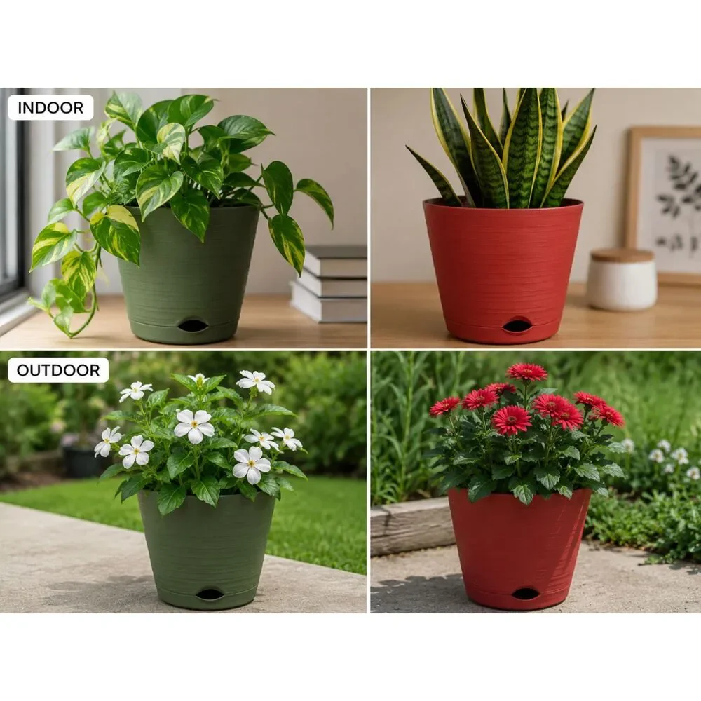 Self Watering Planter Pot Set of 5 Green Terra-Cotta